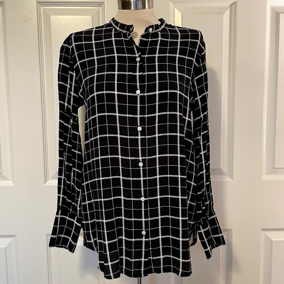 Gap Black and White Windowpane Long Sleeve Blouse Womens Medium - Picture 2 of 8